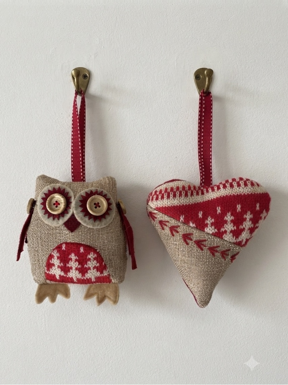 Set of 2 Red & Burlap Rustic Christmas Ornaments, Owl and Heart